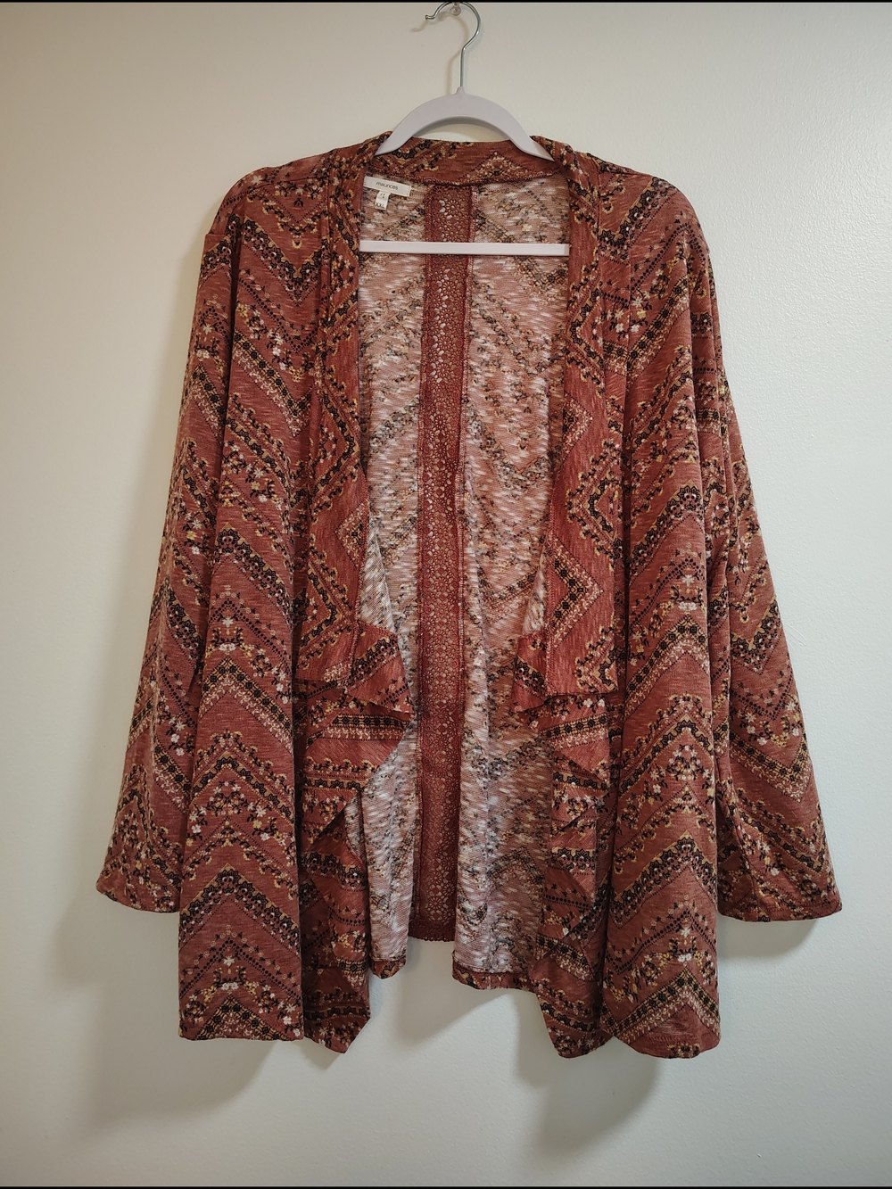 Maurices Rust and Black Patterned Open Cardigan